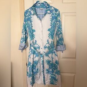 PATTY KIM Blue and White Elizabeth Dress Belted with Pockets